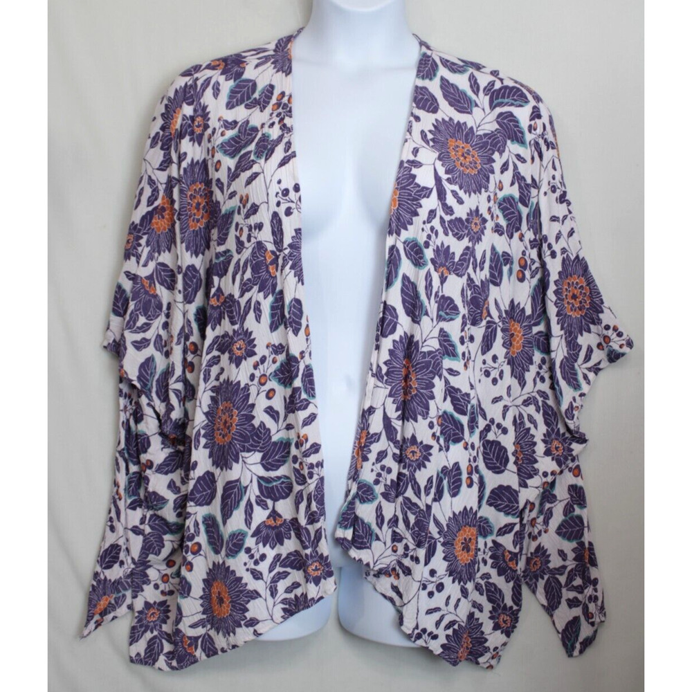 Gypsy Love Open Cardigan Kimono Beach Cover Up Tunic OS White Purple Floral